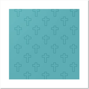 Teal Christian Cross Pattern Posters and Art